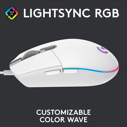 ماوس ألعاب سلكي من لوجيتك G203، 8000 نقطة في البوصة، تأثير بصري قوس قزح LIGHTSYNC RGB، 6 أزرار قابلة للبرمجة، ذاكرة على اللوحة، رسم خرائط الشاشة، متوافق مع أجهزة الكمبيوتر الشخصية/Mac والكمبيوتر المحمول - أبيض