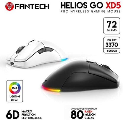 ماوس ألعاب FANTECH Helios Go XD5 اللاسلكي RGB، 19K DPI 6 أزرار قابلة للبرمجة، عمر بطارية 40 ساعة، 72 جم، ماوس خفيف الوزن للغاية، مريح للغاية من فئة Esport للأيدي الصغيرة، 100% أقدام PTFE، أبيض