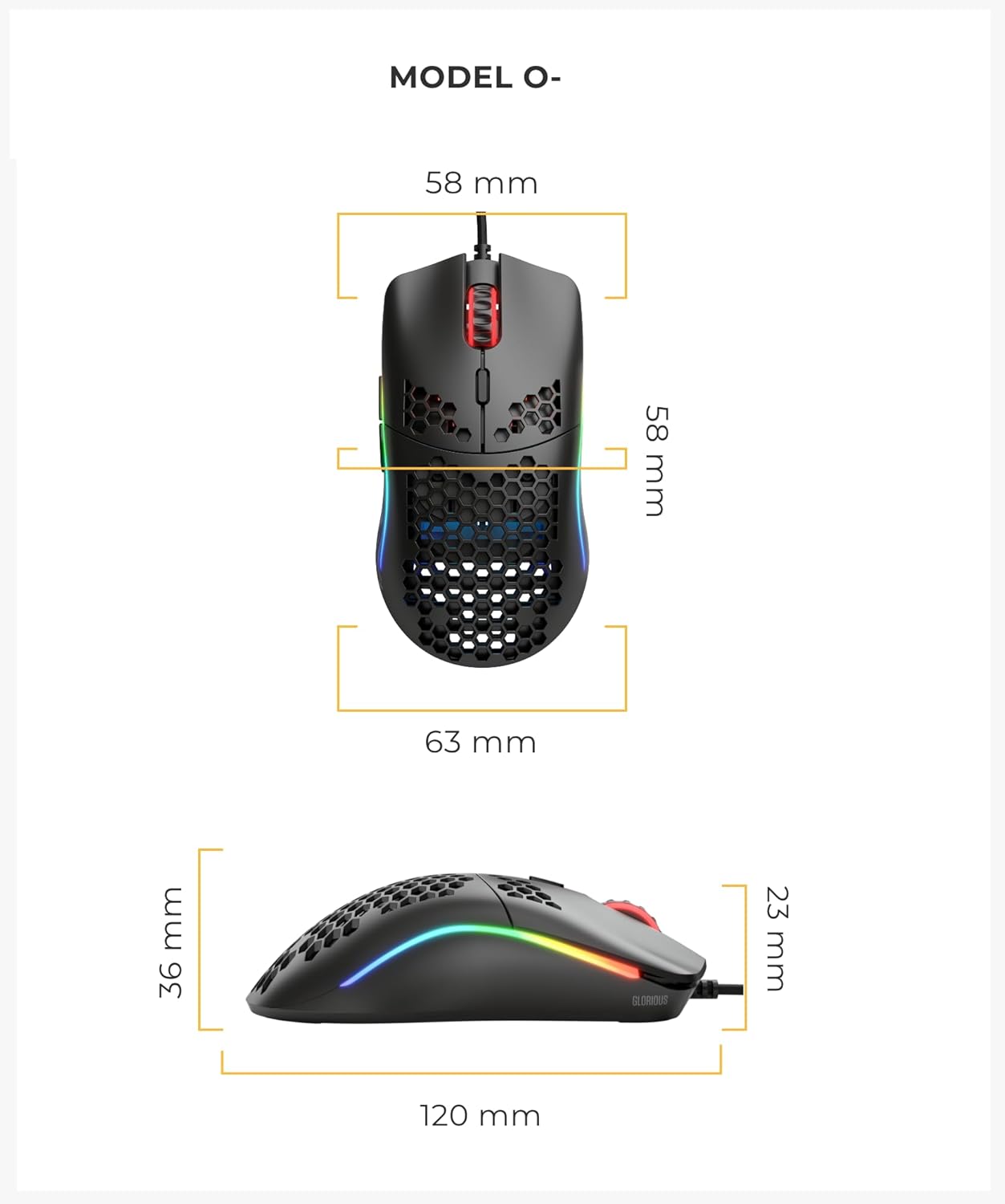 ماوس ألعاب سلكي صغير الحجم من Glorious Gaming Model O- (Minus) - تصميم قرص العسل فائق الإضاءة 58 جرام، RGB، مستشعر Pixart 3360، يمكن استخدامه بكلتا اليدين، مفاتيح Omron - أسود غير لامع