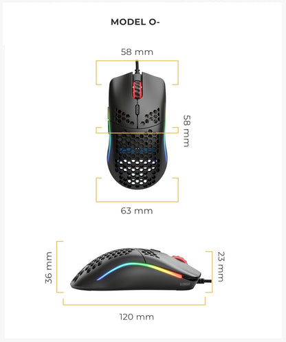 ماوس ألعاب سلكي صغير الحجم من Glorious Gaming Model O- (Minus) - تصميم قرص العسل فائق الإضاءة 58 جرام، RGB، مستشعر Pixart 3360، يمكن استخدامه بكلتا اليدين، مفاتيح Omron - أسود غير لامع