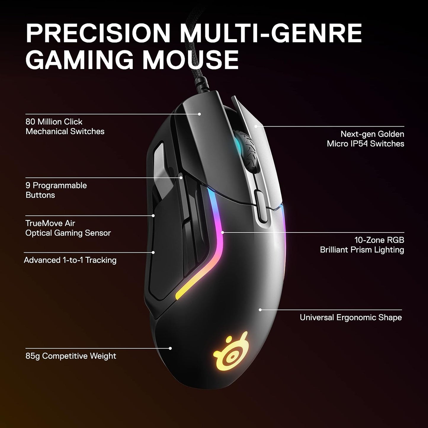 ماوس الألعاب SteelSeries Rival 5 مع إضاءة PrismSync RGB و9 أزرار قابلة للبرمجة - FPS وMOBA وMMO وBattle Royale - مستشعر بصري TrueMove Air 18,000 CPI - أسود