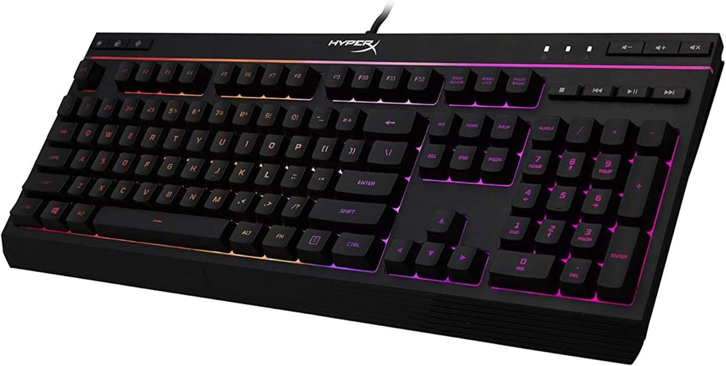 HyperX Alloy Core RGB - لوحة مفاتيح ألعاب غشائية، مفاتيح صامتة مريحة مع تأثيرات إضاءة LED RGB، مقاومة للانسكاب، مفاتيح وسائط مخصصة، متوافقة مع Windows 10/8.1/8/7 - أسود (صندوق مفتوح)