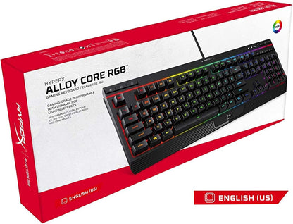 HyperX Alloy Core RGB - لوحة مفاتيح ألعاب غشائية، مفاتيح صامتة مريحة مع تأثيرات إضاءة LED RGB، مقاومة للانسكاب، مفاتيح وسائط مخصصة، متوافقة مع Windows 10/8.1/8/7 - أسود (صندوق مفتوح)