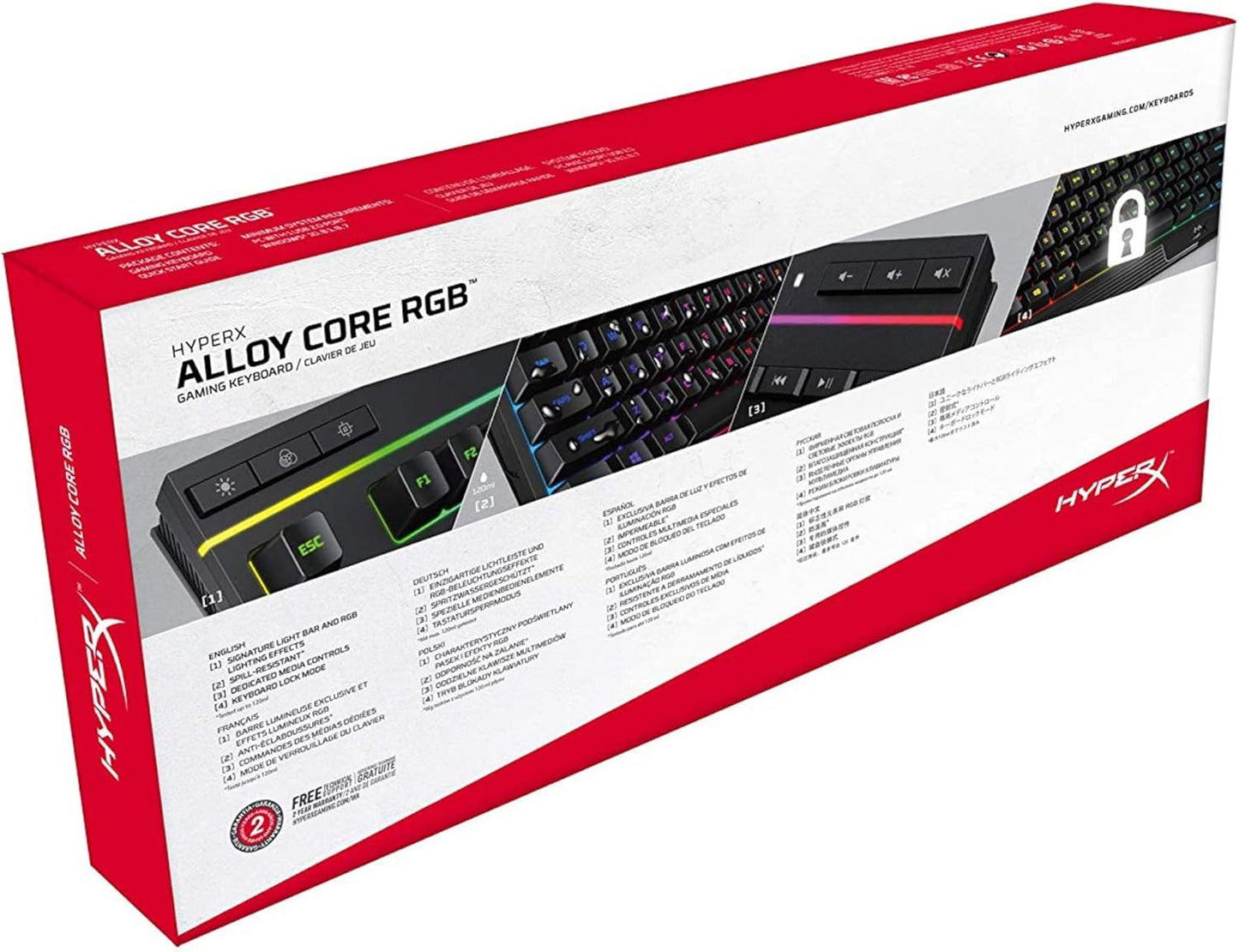 HyperX Alloy Core RGB - لوحة مفاتيح ألعاب غشائية، مفاتيح صامتة مريحة مع تأثيرات إضاءة LED RGB، مقاومة للانسكاب، مفاتيح وسائط مخصصة، متوافقة مع Windows 10/8.1/8/7 - أسود (صندوق مفتوح)