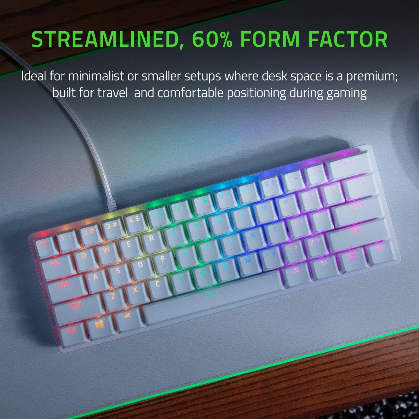 لوحة مفاتيح Razer Huntsman Mini 60% - مفاتيح بصرية خطية، Chroma RGB، Mercury White