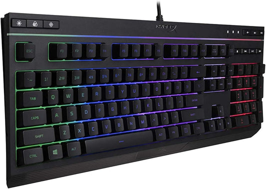 HyperX Alloy Core RGB - لوحة مفاتيح ألعاب غشائية، مفاتيح صامتة مريحة مع تأثيرات إضاءة LED RGB، مقاومة للانسكاب، مفاتيح وسائط مخصصة، متوافقة مع Windows 10/8.1/8/7 - أسود (صندوق مفتوح)