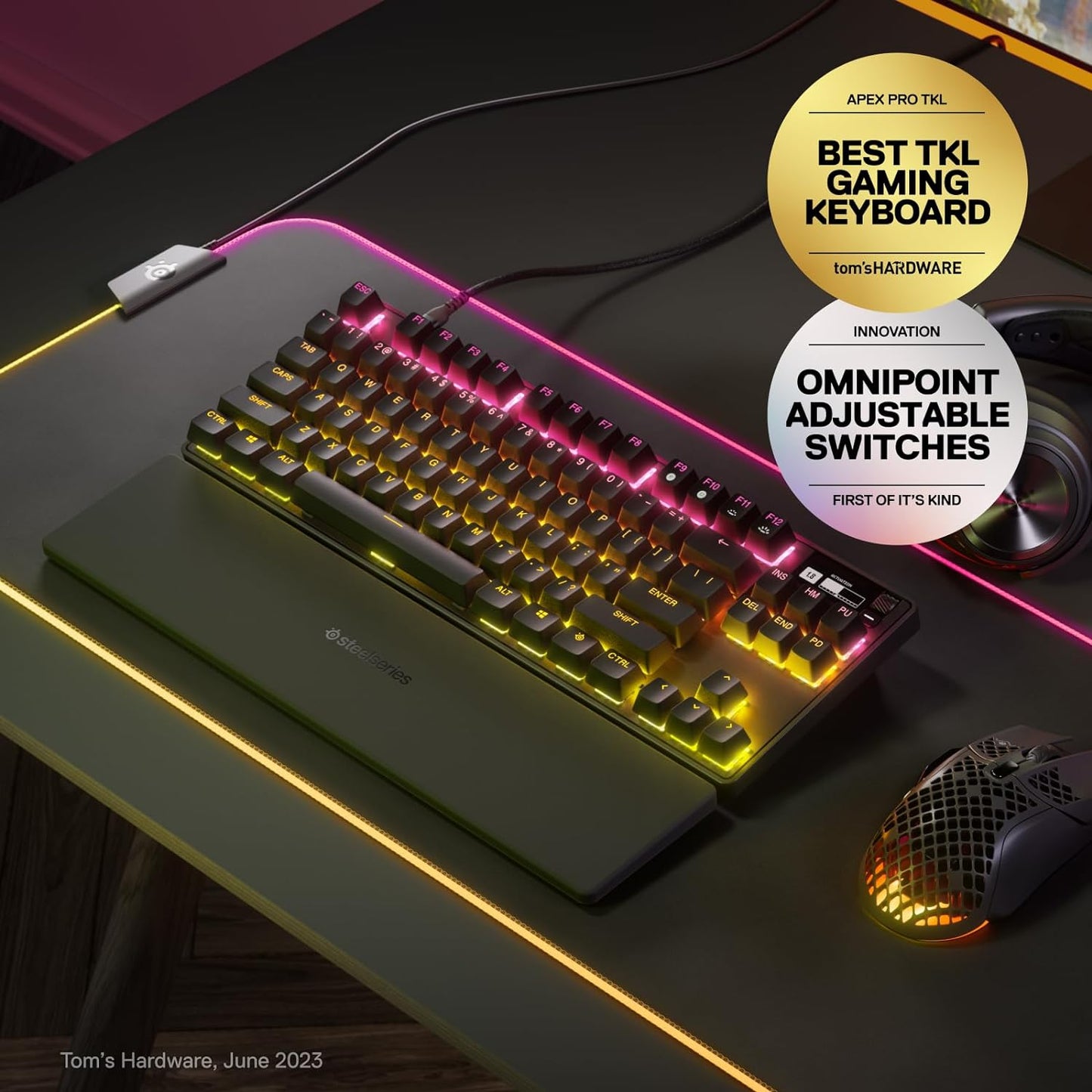 لوحة مفاتيح الألعاب SteelSeries Apex Pro TKL HyperMagnetic - تشغيل قابل للتعديل - Esports Tenkeyless - شاشة OLED - RGB - أغطية مفاتيح PBT - USB-C