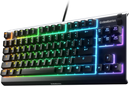 لوحة مفاتيح الألعاب SteelSeries Apex 3 TKL RGB - عامل شكل مضغوط بدون مفتاح - إضاءة RGB ذات 8 مناطق - مقاومة للماء والغبار IP32 - مفتاح ألعاب هادئ - درجة الألعاب مضادة للظلال، أسود