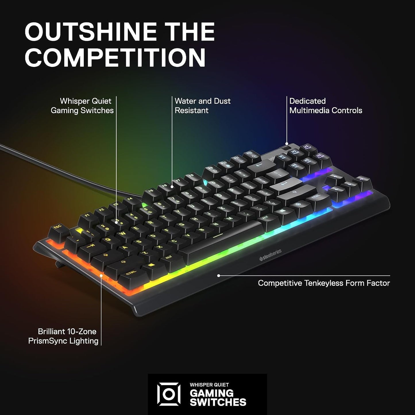 لوحة مفاتيح الألعاب SteelSeries Apex 3 TKL RGB - عامل شكل مضغوط بدون مفتاح - إضاءة RGB ذات 8 مناطق - مقاومة للماء والغبار IP32 - مفتاح ألعاب هادئ - درجة الألعاب مضادة للظلال، أسود