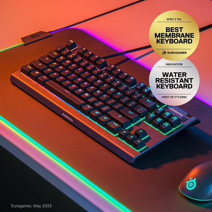 لوحة مفاتيح الألعاب SteelSeries Apex 3 TKL RGB - عامل شكل مضغوط بدون مفتاح - إضاءة RGB ذات 8 مناطق - مقاومة للماء والغبار IP32 - مفتاح ألعاب هادئ - درجة الألعاب مضادة للظلال، أسود