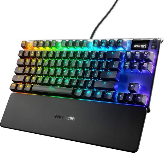 لوحة مفاتيح الألعاب الميكانيكية المدمجة SteelSeries Apex 7 TKL - شاشة OLED الذكية - مرور USB وعناصر التحكم في الوسائط - خطية وهادئة - إضاءة خلفية RGB (مفتاح أحمر)