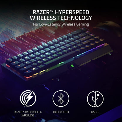 لوحة مفاتيح الألعاب الميكانيكية اللاسلكية Razer BlackWidow V3 Mini 65%: HyperSpeed Wireless - مفاتيح اللمس والنقر الخضراء - أغطية مفاتيح Doubleshot ABS - عمر البطارية 200 ساعة