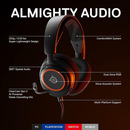 سماعة الألعاب SteelSeries Arctis Nova 3 - متعددة المنصات، ميكروفون ClearCast، أسود