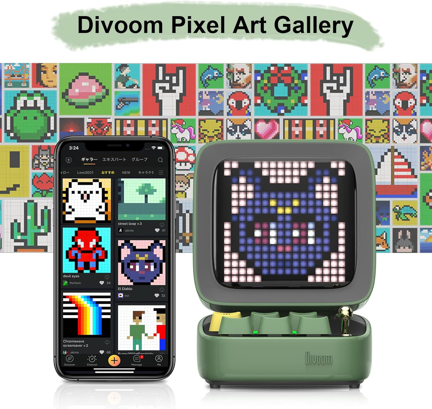 Divoom Ditoo Pixel Art LED-Bluetooth-Speaker Show-Clock Emoji DIY Design لتزيين حفلات الزفاف المنزلية مع التحكم في التطبيقات اللاسلكية (أخضر)