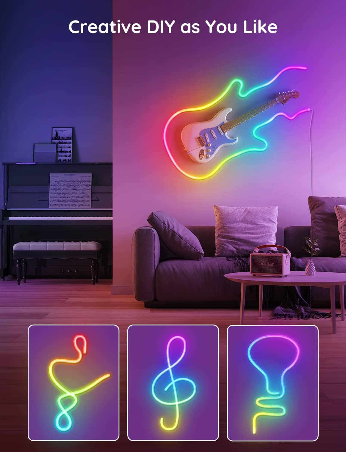 مصابيح حبل Govee Neon RGBIC مع مزامنة الموسيقى، تصميم DIY، تعمل مع Alexa، مساعد Google، أضواء شريط LED 3M للألعاب، ديكور غرفة النوم وغرفة المعيشة H61A0