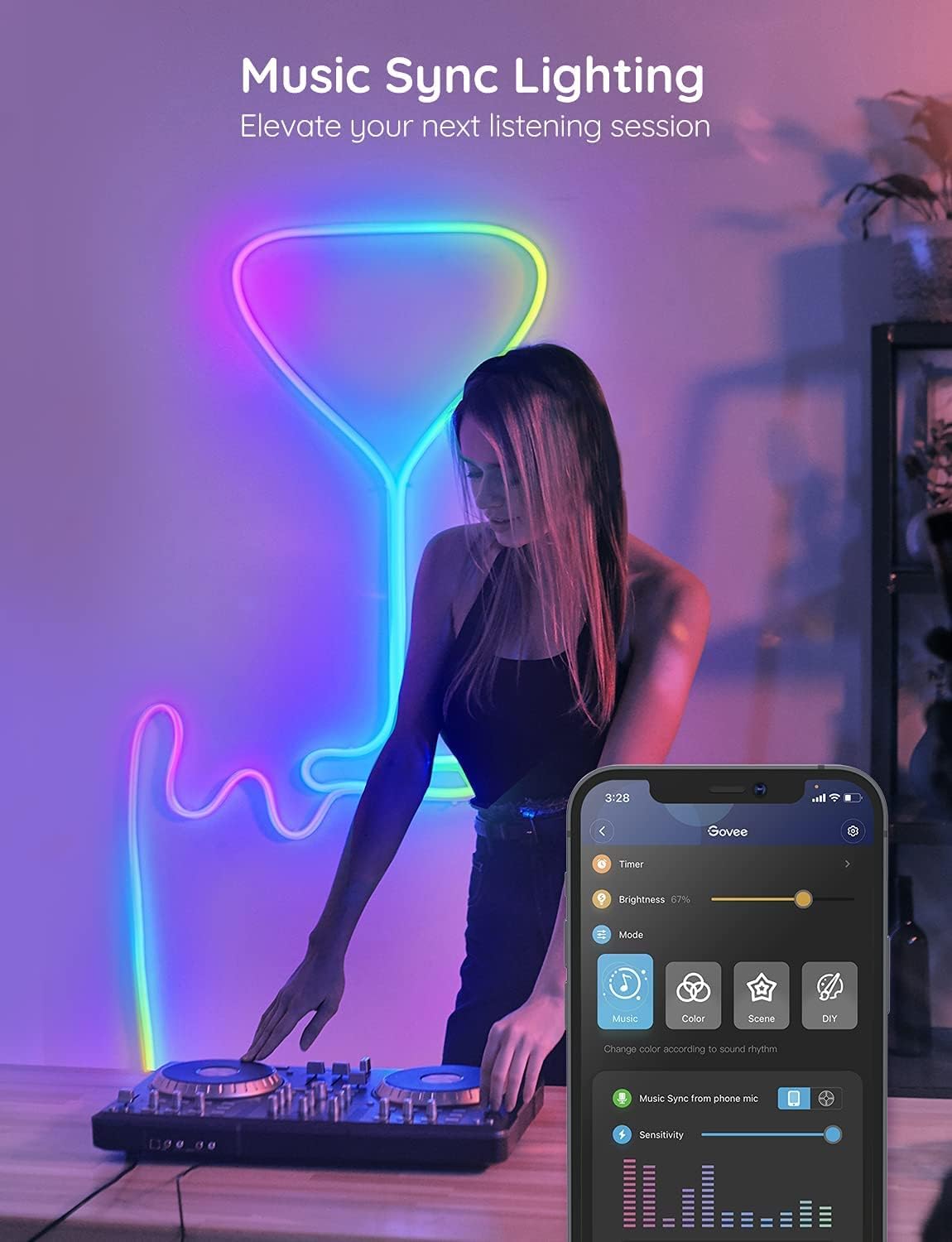 مصابيح حبل Govee Neon RGBIC مع مزامنة الموسيقى، تصميم DIY، تعمل مع Alexa، مساعد Google، أضواء شريط LED 3M للألعاب، ديكور غرفة النوم وغرفة المعيشة H61A0