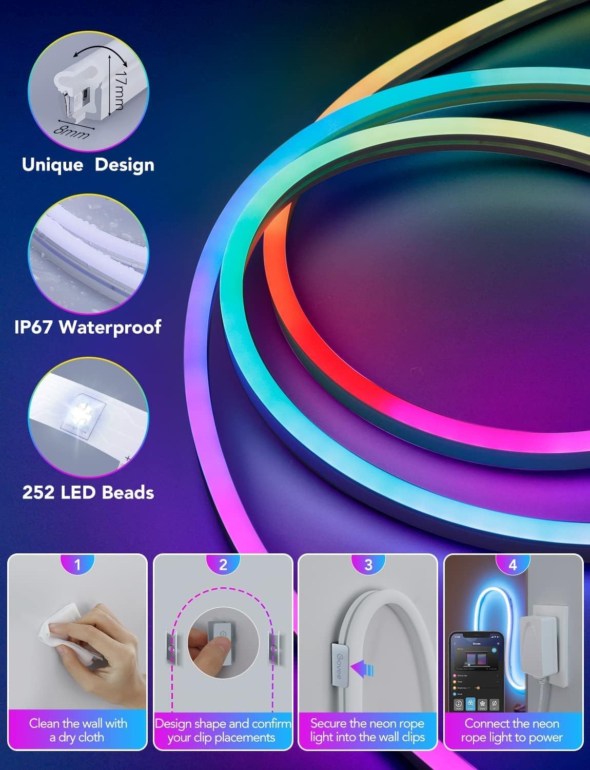 مصابيح حبل Govee Neon RGBIC مع مزامنة الموسيقى، تصميم DIY، تعمل مع Alexa، مساعد Google، أضواء شريط LED 3M للألعاب، ديكور غرفة النوم وغرفة المعيشة H61A0