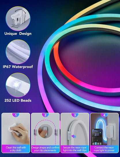 مصابيح حبل Govee Neon RGBIC مع مزامنة الموسيقى، تصميم DIY، تعمل مع Alexa، مساعد Google، أضواء شريط LED 3M للألعاب، ديكور غرفة النوم وغرفة المعيشة H61A0