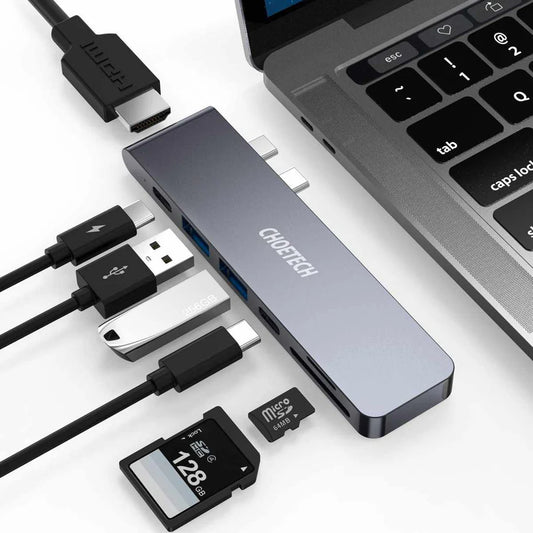 محول موزع يو إس بي من النوع سي 7 في 1 من CHOETECH HUB-M14 مزود بمنفذ HDMI بدقة 4K ومنفذي يو إس بي 3.0 وتوصيل طاقة يو إس بي سي بقوة 100 وات، ميكرو