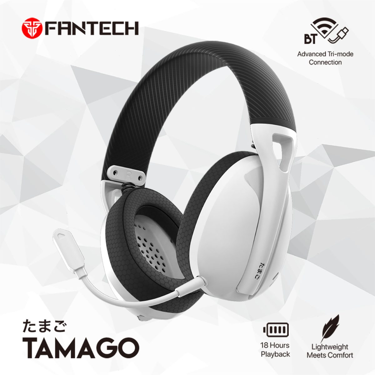 سماعة رأس لاسلكية FANTECH TAMAGO بيضاء خفيفة الوزن