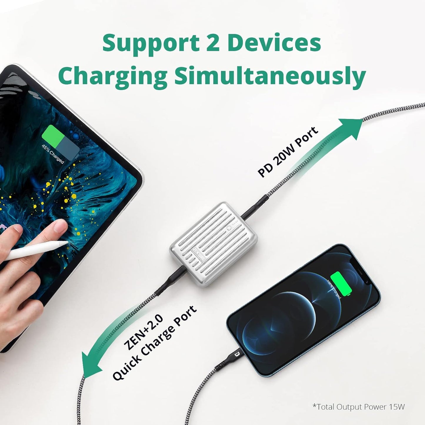 شاحن محمول SuperMini بقدرة 10,000 مللي أمبير في الساعة USB-C PD - فضي