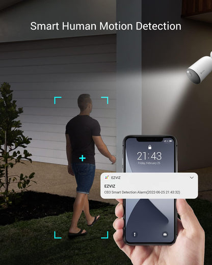 كاميرا EZVIZ اللاسلكية الخارجية القابلة لإعادة الشحن، عمر بطارية 4 أشهر، اكتشاف الإنسان، تنبيهات صوتية قابلة للتخصيص، محادثة ثنائية الاتجاه، رؤية ليلية ملونة، مقاومة للطقس، متوافقة مع Alexa، CB3