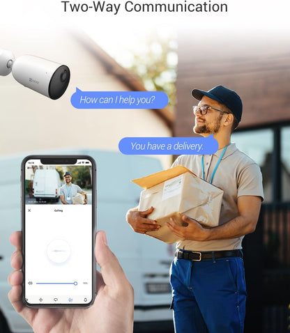 كاميرا EZVIZ اللاسلكية الخارجية القابلة لإعادة الشحن، عمر بطارية 4 أشهر، اكتشاف الإنسان، تنبيهات صوتية قابلة للتخصيص، محادثة ثنائية الاتجاه، رؤية ليلية ملونة، مقاومة للطقس، متوافقة مع Alexa، CB3