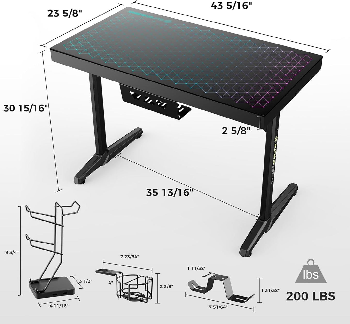 مكتب ألعاب EUREKA ERGONOMIC RGB LED، مزامنة الموسيقى تضيء سطح المكتب من الزجاج المقسى، طاولة كمبيوتر GTG I43 للمنزل والمكتب مقاس 43 بوصة مع رف تحكم و4 منافذ شحن USB، والتحكم في التطبيق